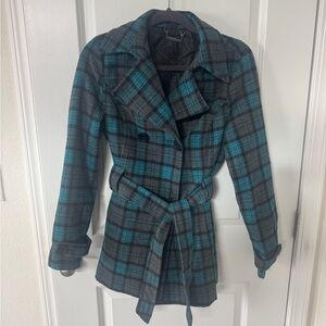 Jou Jou Plaid Wool Mix Women's Jacket - Teal and Gray